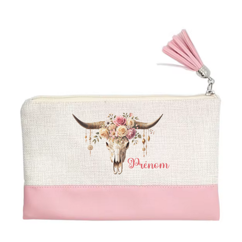 Pochette personnalisée motif skull bull fleur en toile et simili cuir personnalisée