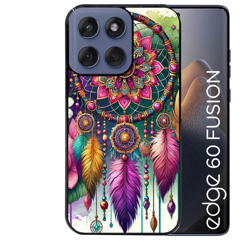 Coque noire taperso pour Moto Edge 60 et Neo Fusion Pro avec motif dreamcatcher et mandala protection antichoc personnalisée