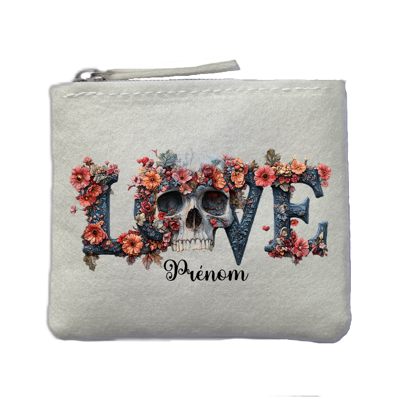 Porte monnaie personnalisé tete de mort love ivoire en feutrine en feutrine ivoire