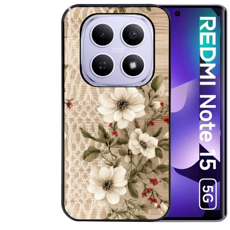 Coque noire taperso pour Redmi Note 15 et PRO PLUS 4G 5G avec motif bois et dentelle 2 protection antichoc personnalisée