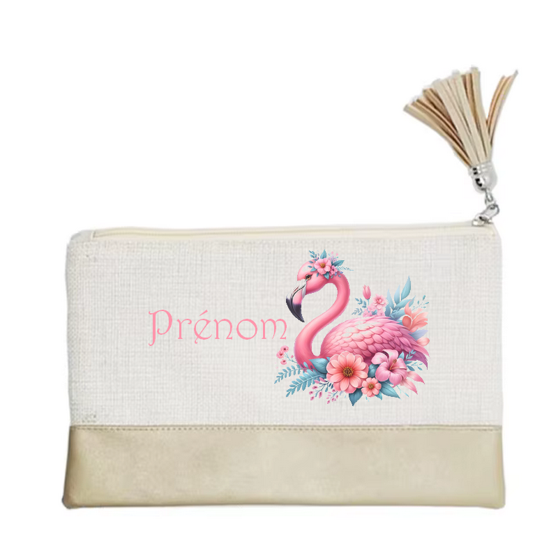 Pochette personnalisée motif flamant fleur en toile et simili cuir personnalisée
