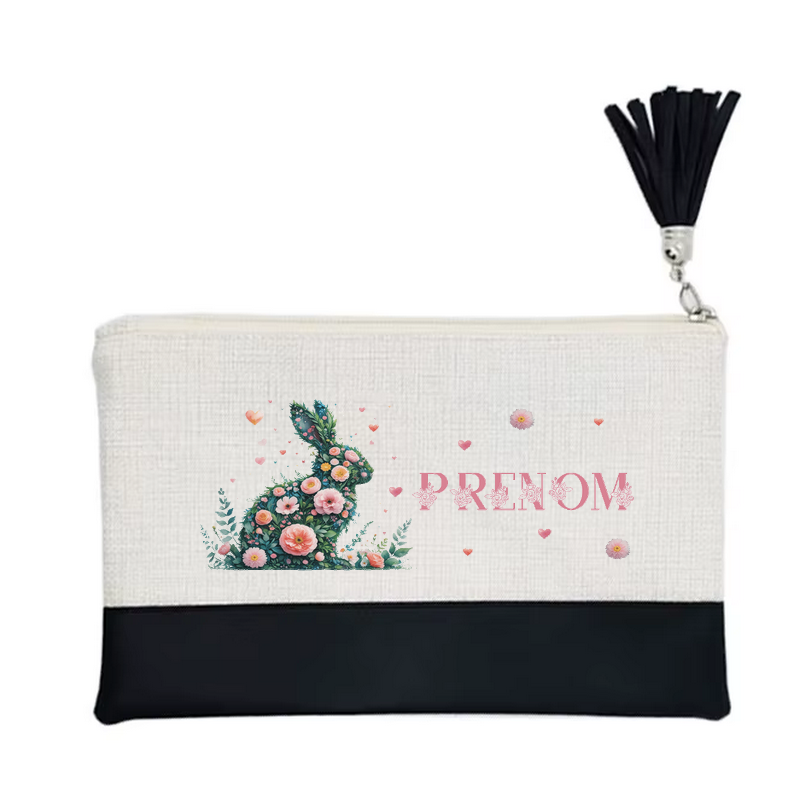 Pochette personnalisée motif lapin fleur en toile et simili cuir personnalisée