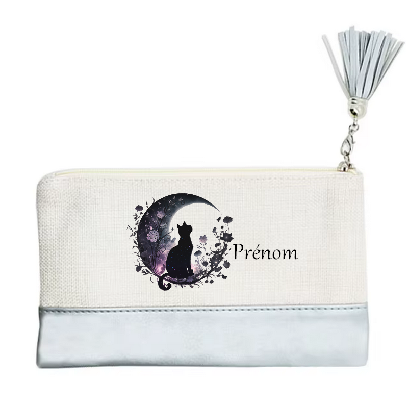 Pochette personnalisée motif chat lune en toile et simili cuir personnalisée