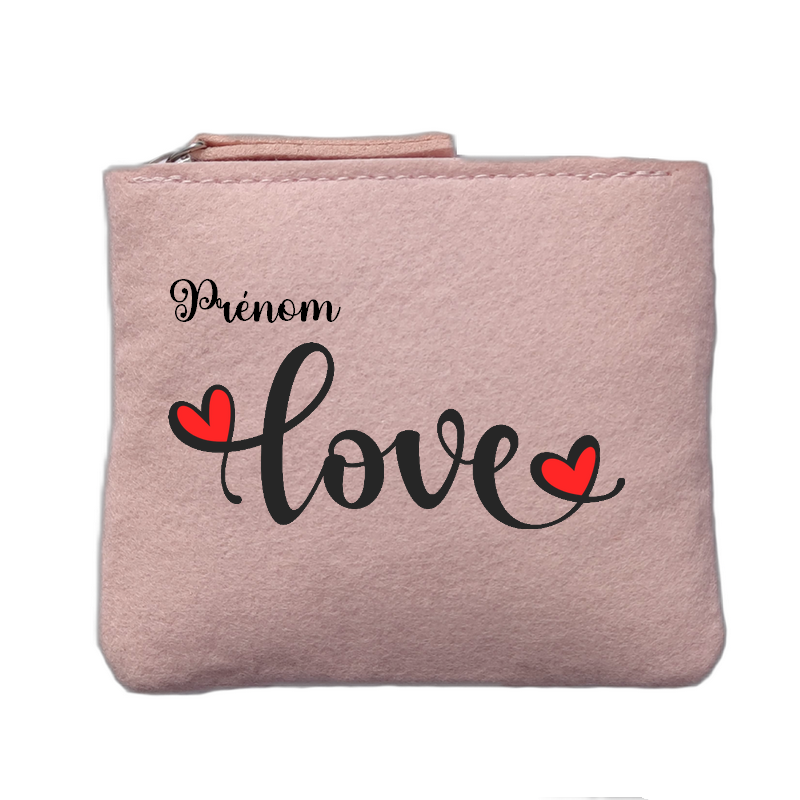 Porte monnaie personnalisé motif love coeur rose clair en feutrine en feutrine