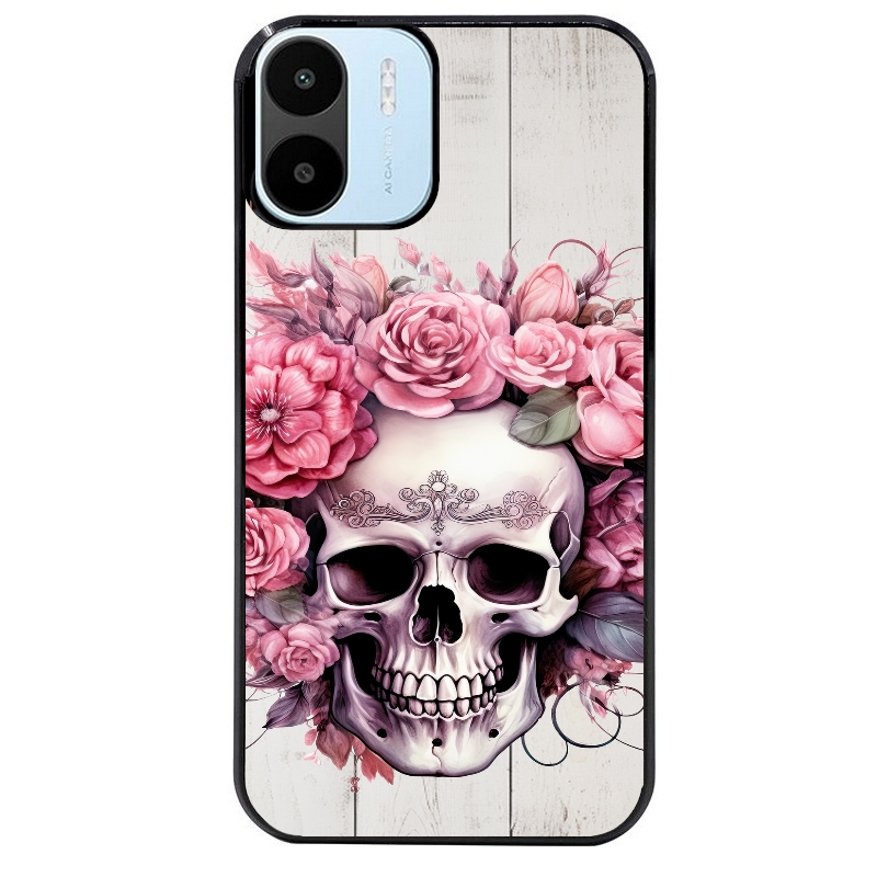 Coque noire taperso pour Redmi A1 et A2 avec motif tete de mort floral protection antichoc personnalisée