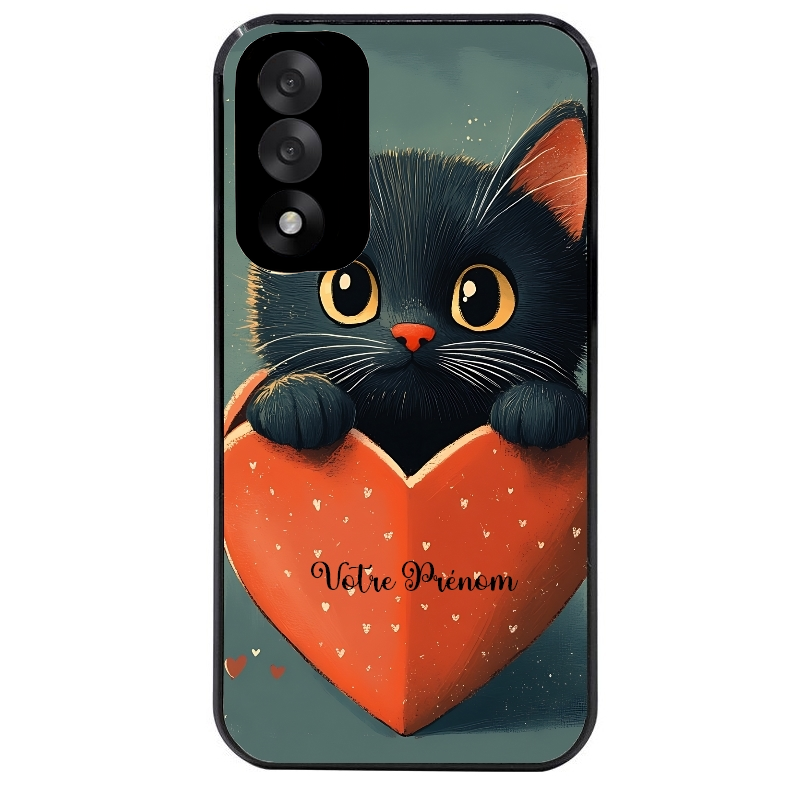 Coque noire taperso pour OnePlus Nord 5 avec motif chat et coeur avec prenom protection antichoc personnalisée