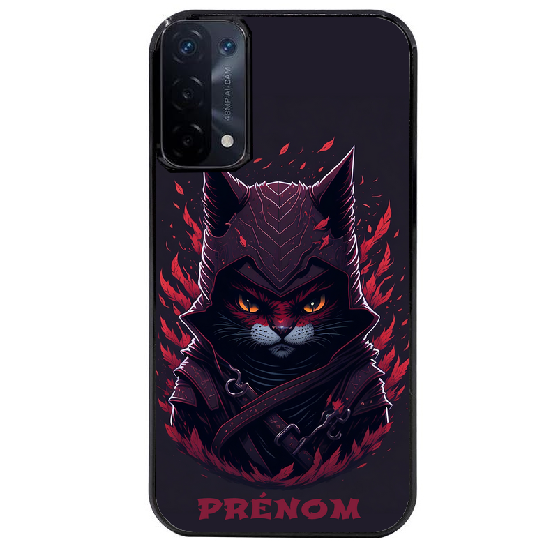 Coque noire taperso pour OPPO A54 et A74 5G avec motif chat samourai personnalise protection antichoc personnalisée
