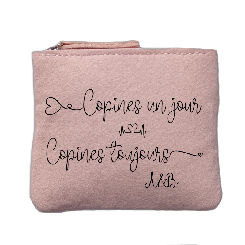 Porte monnaie personnalisé motif copine toujours rose clair en feutrine en feutrine