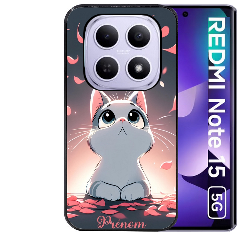 Coque noire taperso pour Redmi Note 15 et PRO PLUS 4G 5G avec motif chat anime avec votre prenom protection antichoc personnalisée