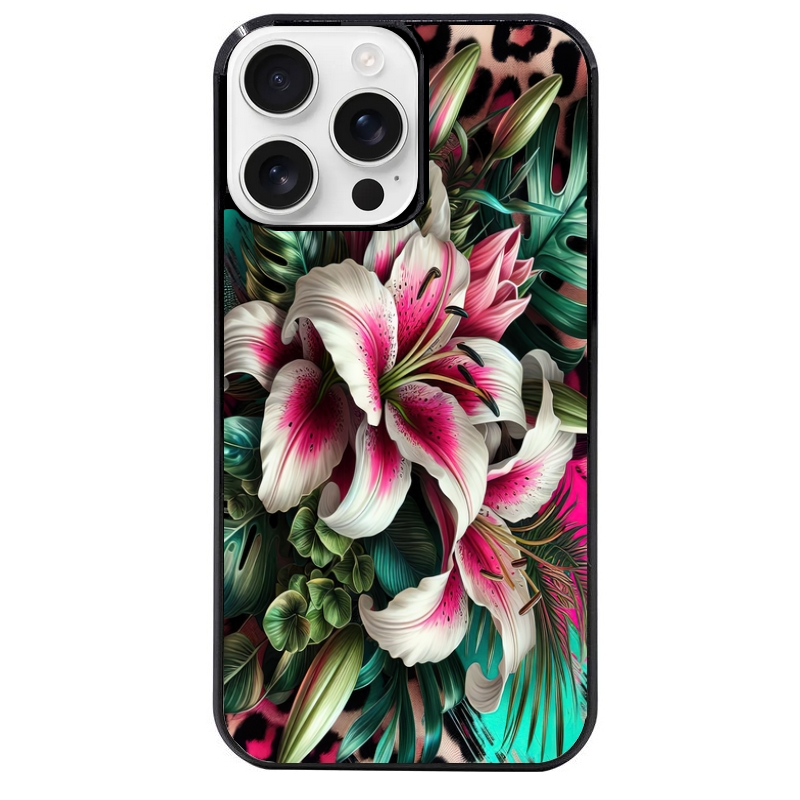 Coque noire taperso pour Iphone 16 16E PLUS MAX PRO avec motif leopard hibiscus protection antichoc personnalisée