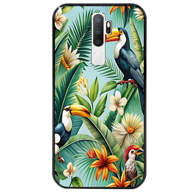 Coque noire taperso pour OPPO A5 A9 2020 avec motif perroquet tropical protection antichoc personnalisée