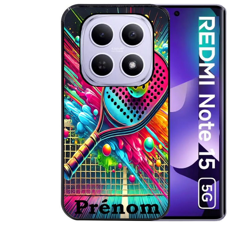 Coque noire taperso pour Redmi Note 15 et PRO PLUS 4G 5G avec motif padel raquette personnalisee protection antichoc personnalisée