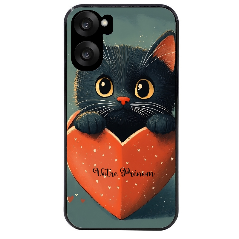 Coque noire taperso pour OnePlus Nord CE5 avec motif chat et coeur avec prenom protection antichoc personnalisée