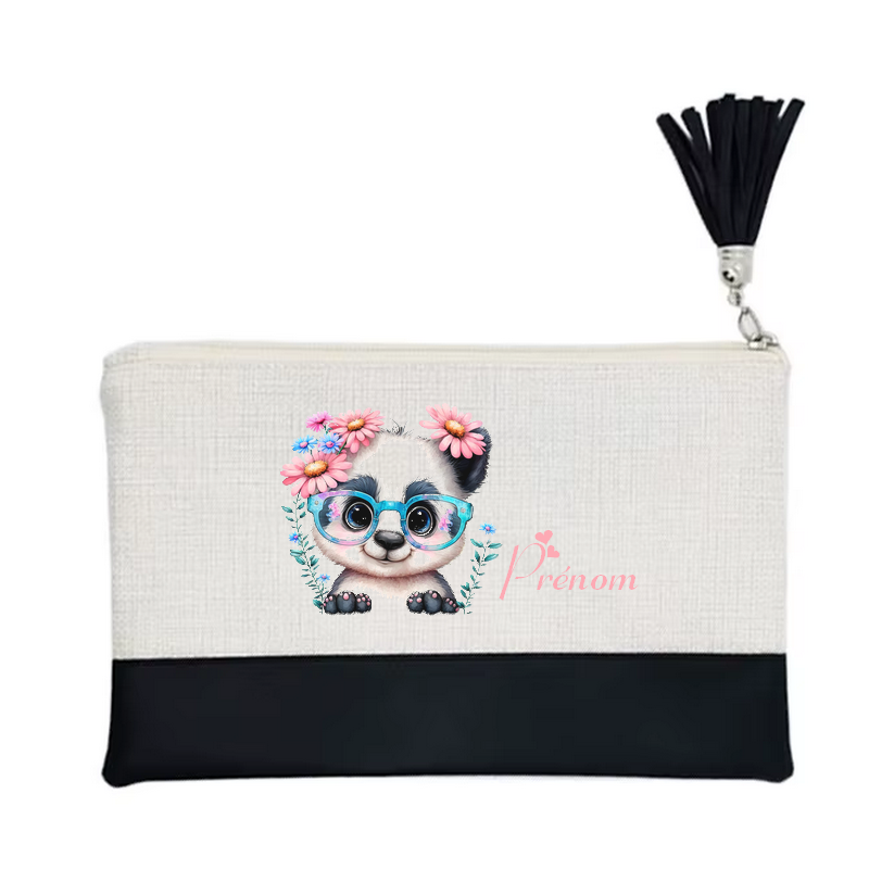 Pochette personnalisée motif panda fleur en toile et simili cuir personnalisée