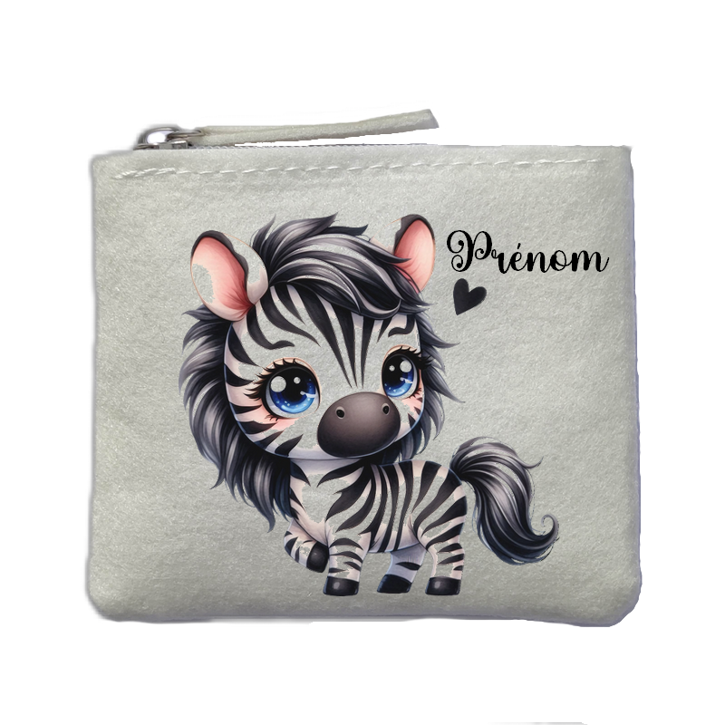 Porte monnaie personnalisé zèbre kawaii ivoire en feutrine en feutrine ivoire