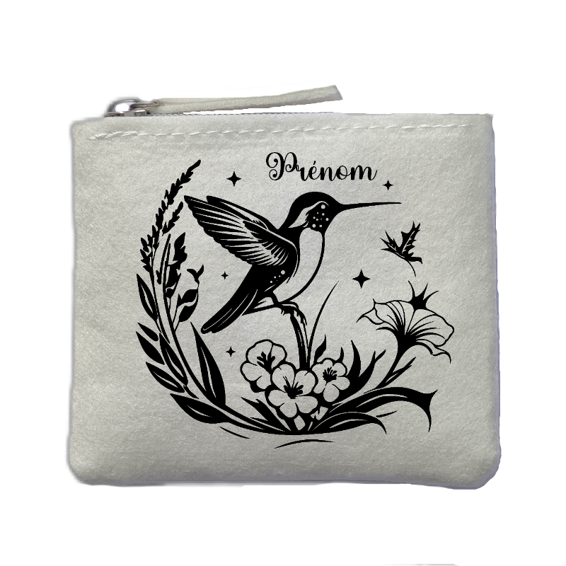 Porte monnaie personnalisé colibri line art ivoire en feutrine en feutrine ivoire