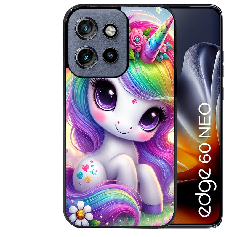 Coque noire taperso pour Moto Edge 60 et Neo Fusion Pro avec motif licorne et fleurs protection antichoc personnalisée