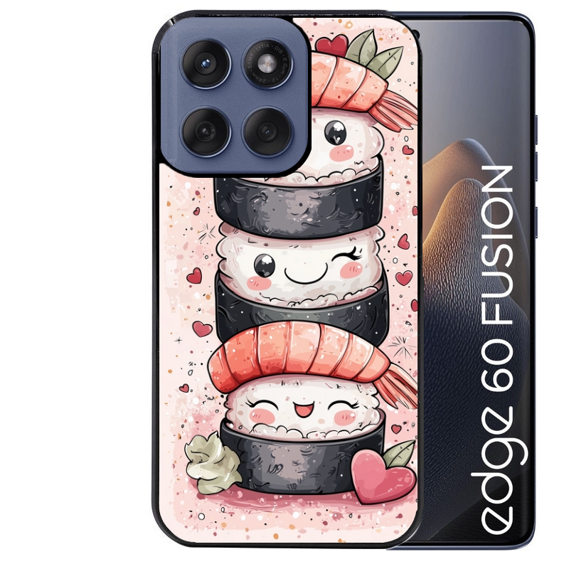 Coque noire taperso pour Moto Edge 60 et Neo Fusion Pro avec motif sushi kawai anime protection antichoc personnalisée