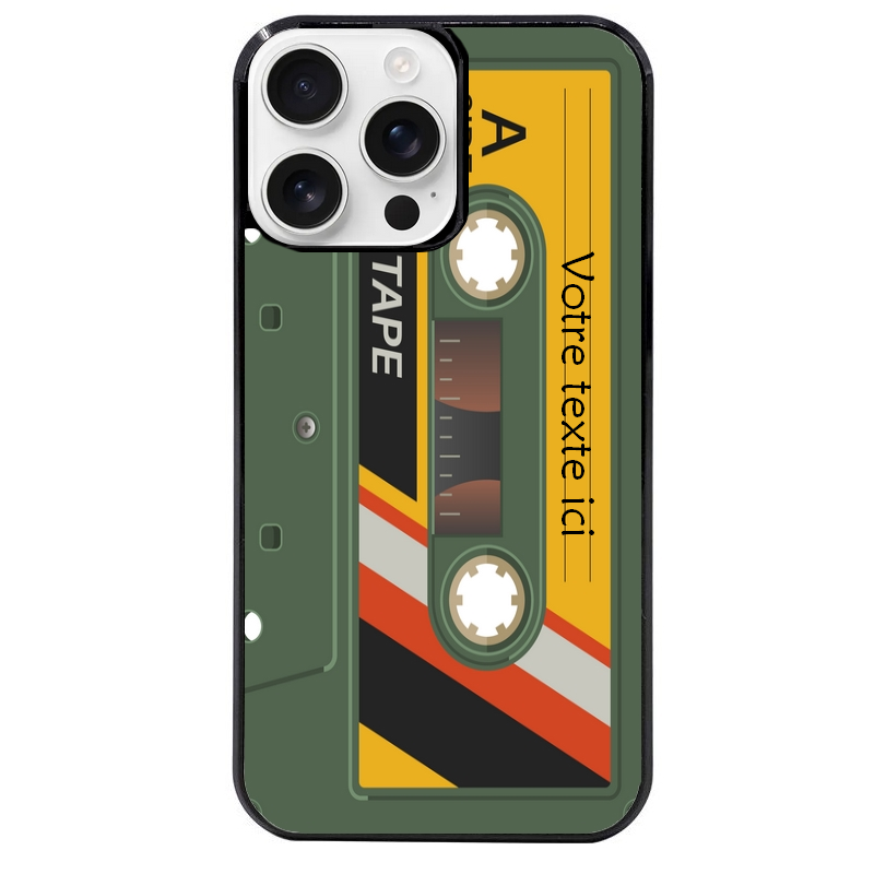 Coque noire taperso pour Iphone 16 16E PLUS MAX PRO personnalisable avec motif cassette kaki protection antichoc personnalisée