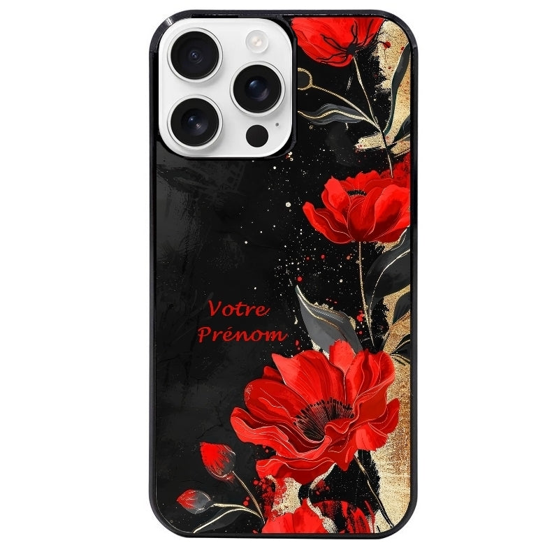 Coque noire taperso pour Iphone 16 16E PLUS MAX PRO avec motif fleur rouge avec prenom protection antichoc personnalisée