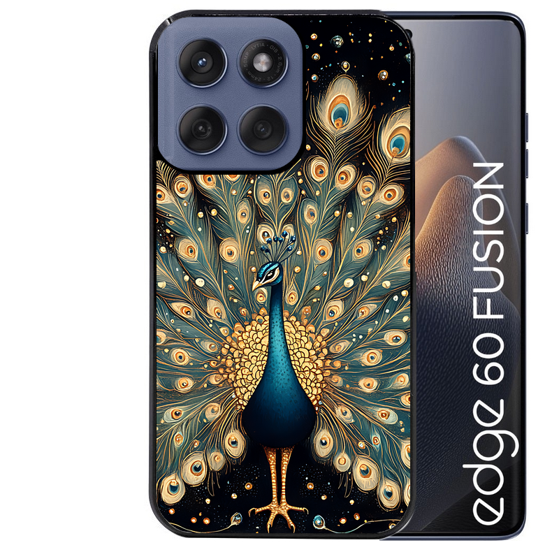 Coque noire taperso pour Moto Edge 60 et Neo Fusion Pro avec motif paon mandala protection antichoc personnalisée