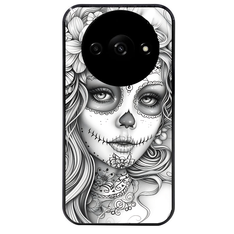 Coque noire taperso pour Redmi A3 avec motif mort calavera tatoo protection antichoc personnalisée