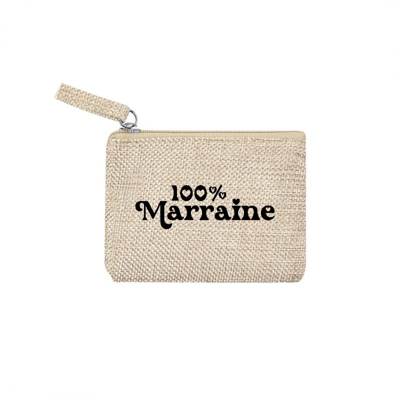 Pochette personnalisée 100% marraine en jute et doré en jute et doré