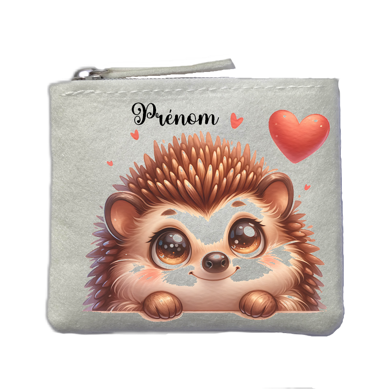 Porte monnaie personnalisé herisson coeur ivoire en feutrine en feutrine ivoire