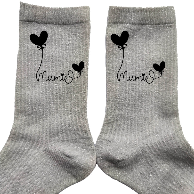 Chaussettes paillettes argent motif mamie coeur