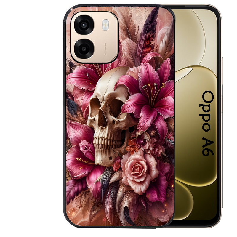 Coque noire taperso pour OPPO A6 A6X 4G et 5G avec motif tete de mort skull plume protection antichoc personnalisée