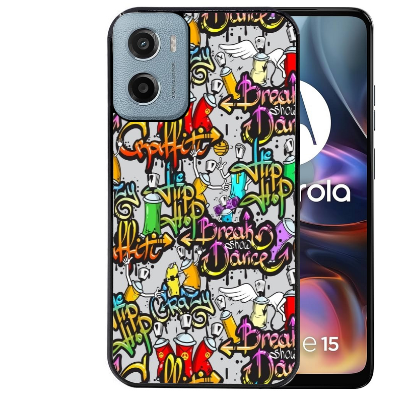 Coque noire taperso pour Moto E13 E14 E15 avec motif tag et graffiti protection antichoc personnalisée