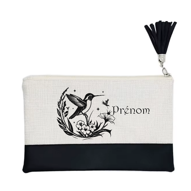 Pochette personnalisée motif colibri fleur en toile et simili cuir personnalisée