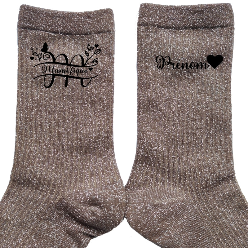 Chaussettes personnalisée paillettes bronze motif mamie magnifique