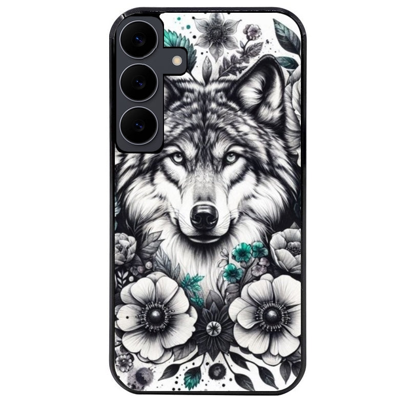 Coque noire taperso pour galaxy A06 A16 A26 A36 A56 avec motif loup et fleur protection antichoc personnalisée