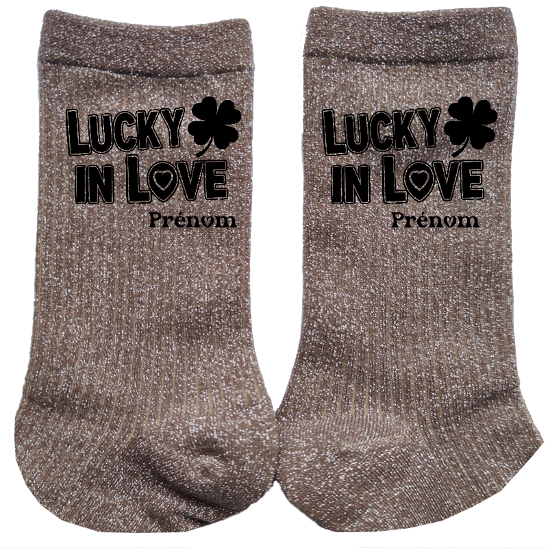 Chaussettes personnalisées paillettes bronze motif love lucky