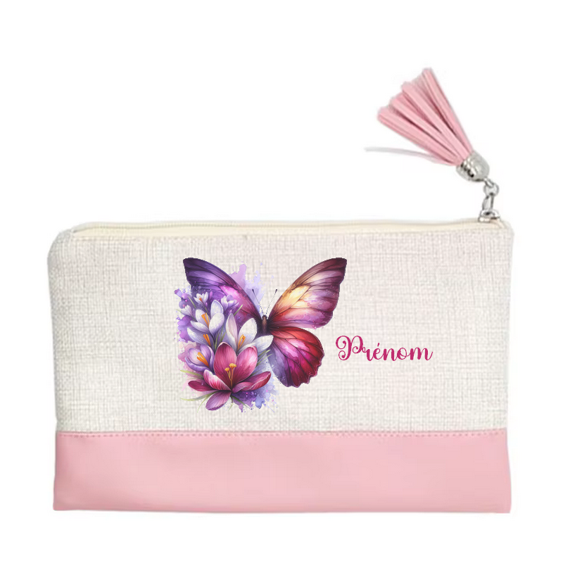 Pochette personnalisée motif papillon color en toile et simili cuir personnalisée