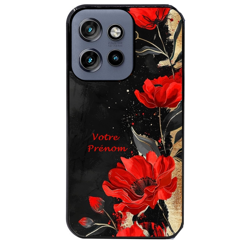 Coque noire taperso pour Moto Edge 60 et Neo Fusion Pro avec motif fleur rouge avec prenom protection antichoc personnalisée