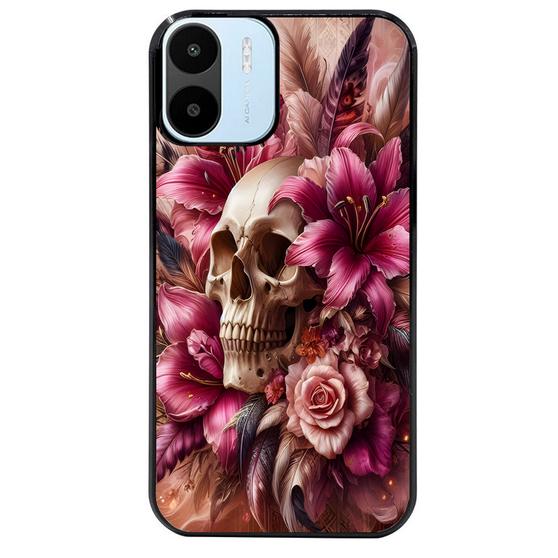 Coque noire taperso pour Redmi A1 et A2 avec motif tete de mort skull plume protection antichoc personnalisée