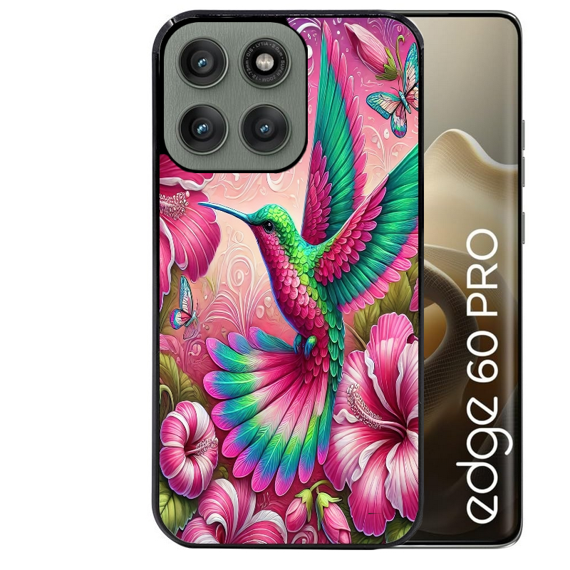 Coque noire taperso pour Moto Edge 60 et Neo Fusion Pro avec motif colibri et fleurs protection antichoc personnalisée