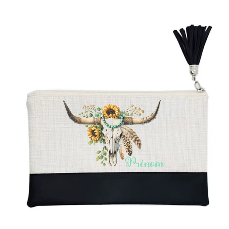 Pochette personnalisée motif skull bull plume en toile et simili cuir personnalisée