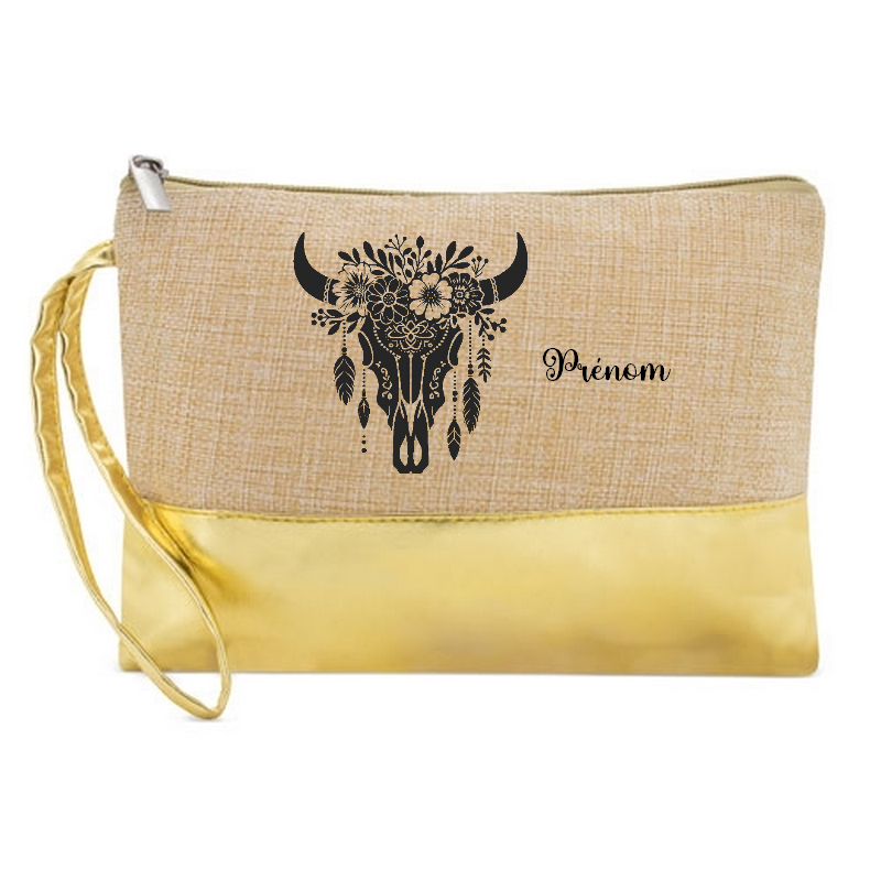 Pochette personnalisée skull bull plumes en jute et doré en jute et doré