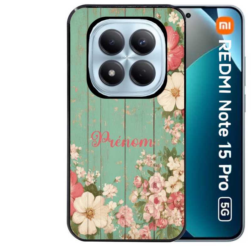 Coque noire taperso pour Redmi Note 15 et PRO PLUS 4G 5G avec motif bois et fleur avec votre prenom protection antichoc personnalisée