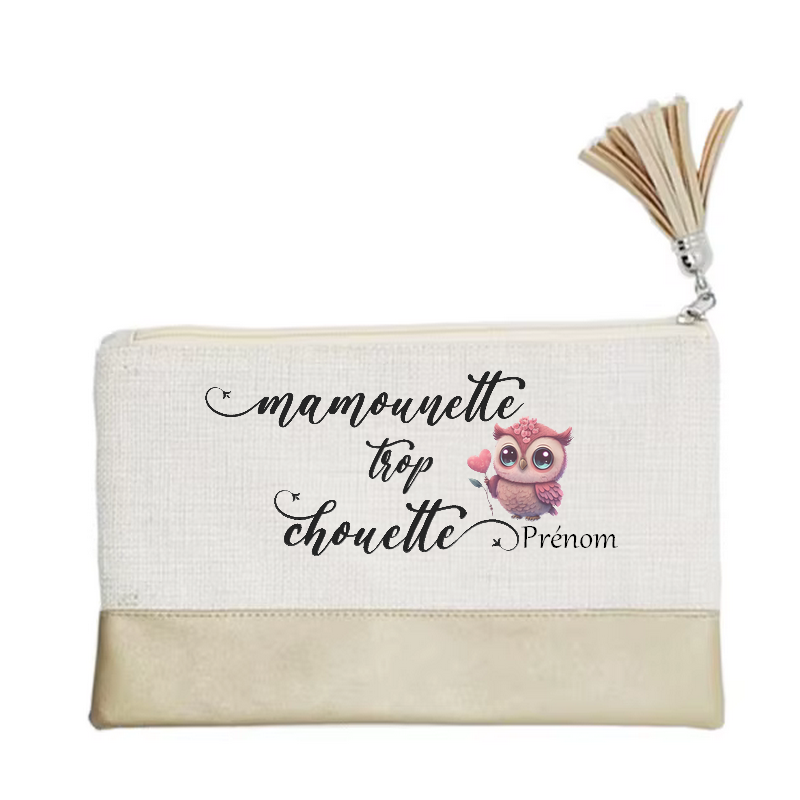 Pochette personnalisée motif maman chouette en toile et simili cuir personnalisée