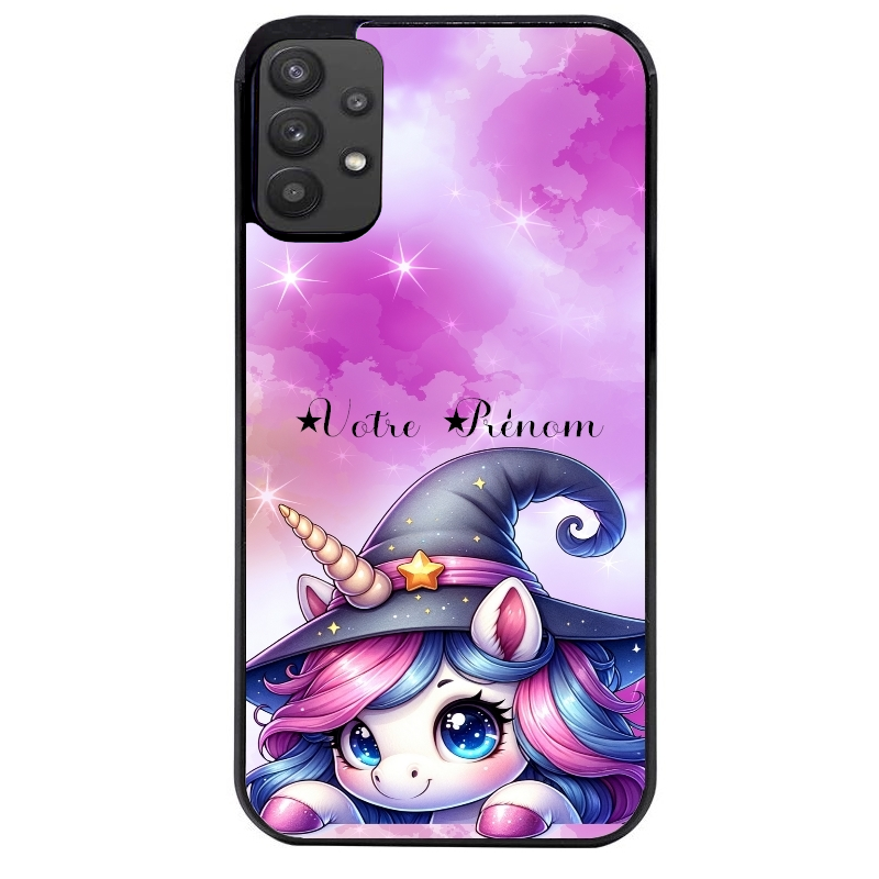 Coque noire taperso pour galaxy A22 A32 A52 A52S 4G 5G  avec motif licorne magic avec prenom protection antichoc personnalisée