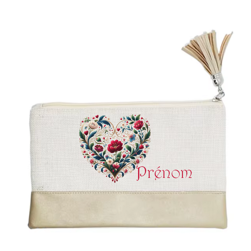 Pochette personnalisée motif cœur fleur en toile et simili cuir personnalisée