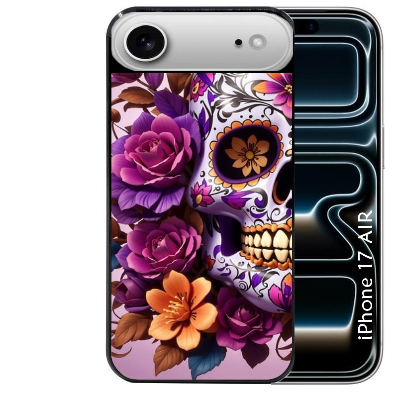 Coque noire taperso pour Iphone 17 17E AIR MAX PRO avec motif tete de mort calavera violette protection antichoc personnalisée