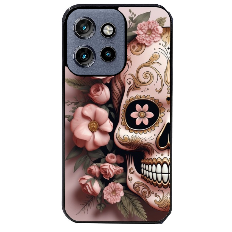 Coque noire taperso pour Moto Edge 60 et Neo Fusion Pro avec motif tete de mort calavera rose protection antichoc personnalisée
