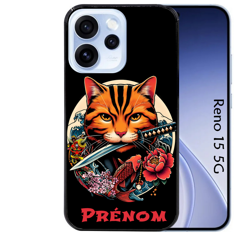 Coque noire taperso pour OPPO Reno 15 et F FS 5G avec motif chat carpe koii japan personnalise protection antichoc personnalisée