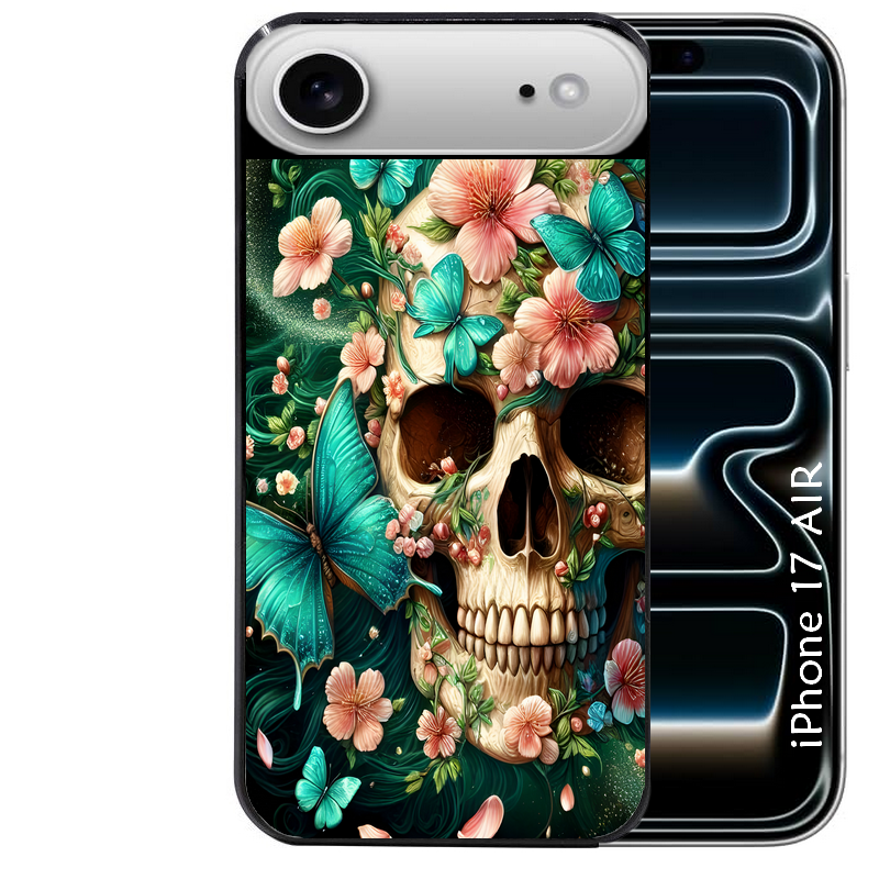 Coque noire taperso pour Iphone 17 17E AIR MAX PRO avec motif tete de mort skull printemps protection antichoc personnalisée