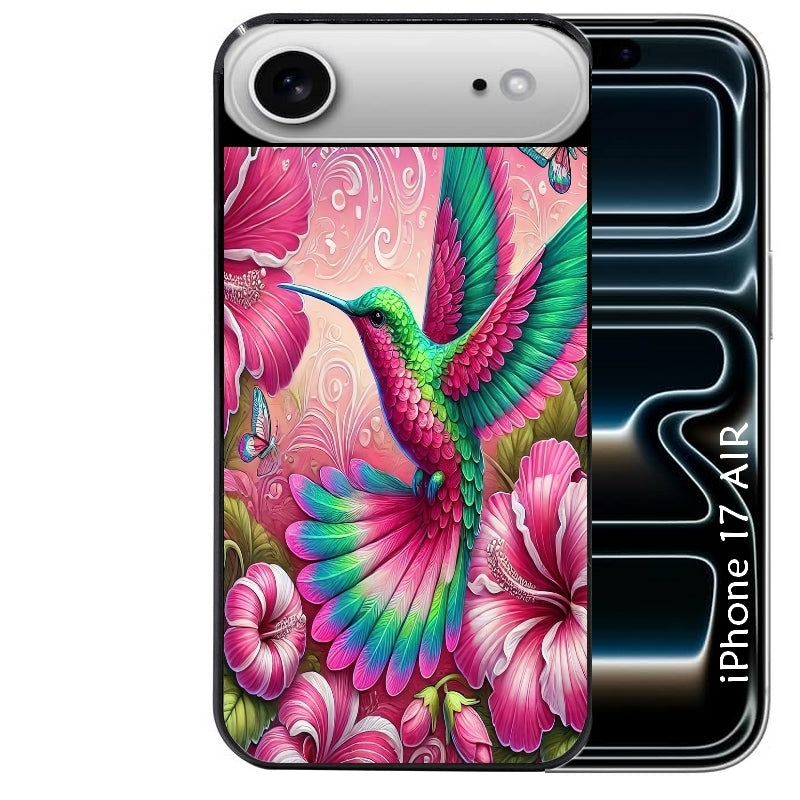 Coque noire taperso pour Iphone 17 17E AIR MAX PRO avec motif colibri et fleurs protection antichoc personnalisée